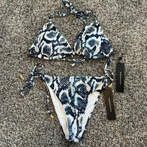 BCBGMAXAZRIA Snake Skin Triangle Top Side Tie Bottom Swim 2 Pieces Set Size 10